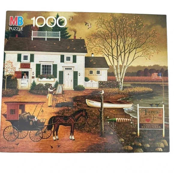 MB 4679-21 1000 pc Charles Wysocki Puzzle Birch Point Cove Tackle Shop Complete - Picture 1 of 5